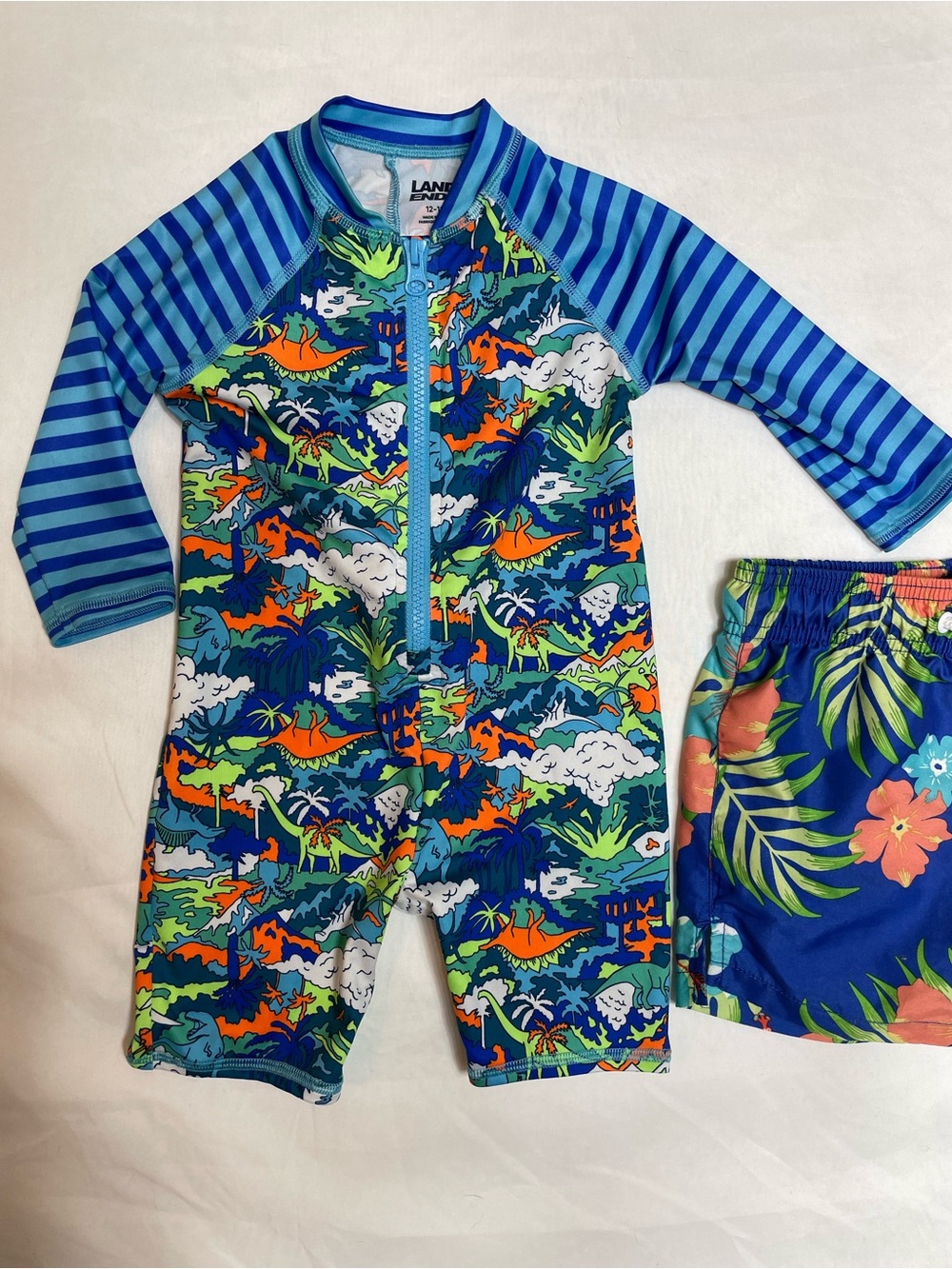 Lands' End Dinosaur Blue & Green Stripe Zip-Front Rash Guard One Piece Swimsuit